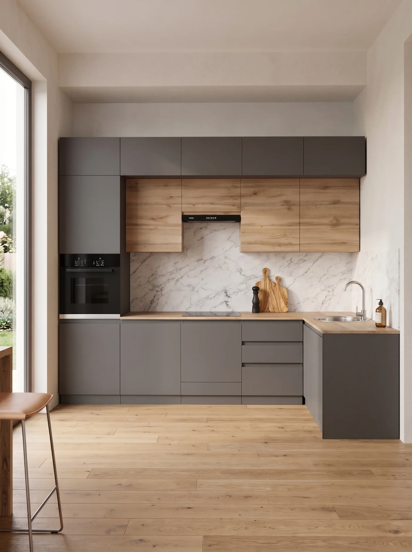 Кухонный гарнитур угловой, 3 метра, со столешницей, мойкой и сифоном в подарок Барселона, 300x160 см, Дуб вотан/Графит